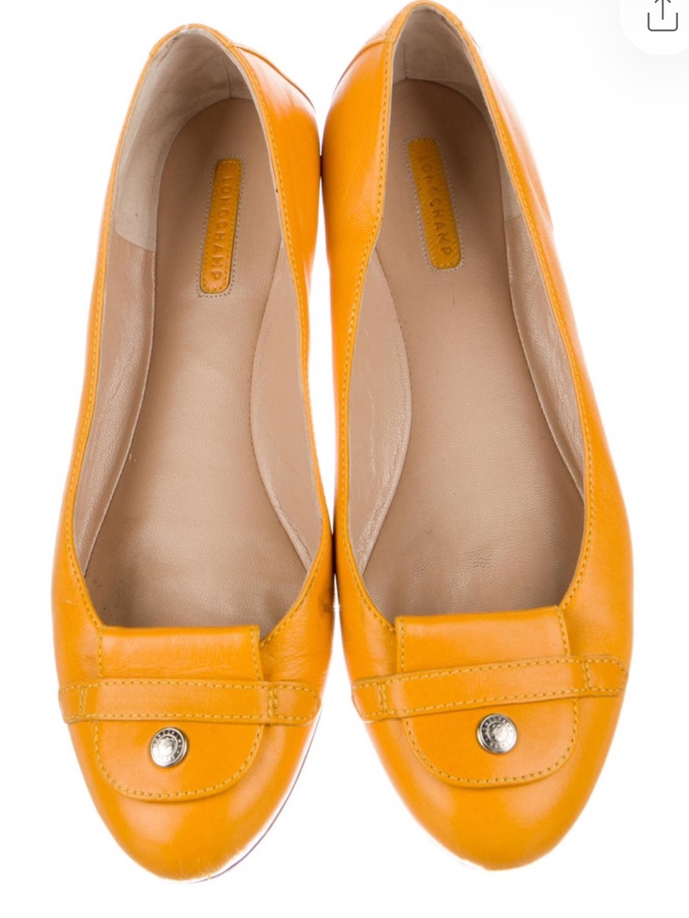 Longchamp Yellow Leather Ballet Flats with Logo Button